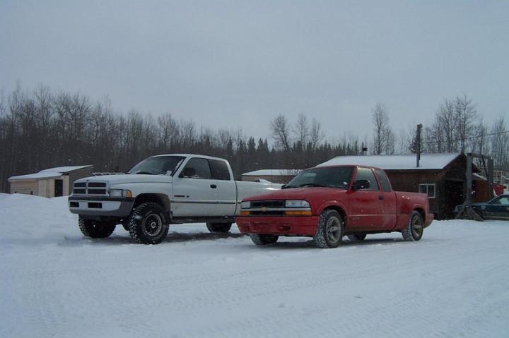 twopickupstwosizes.jpg - Two Bradshaw pickups.  Rick's Dodge & our Chev S-10.