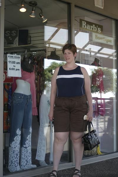 IMG_0318.JPG - Barb with funky lace pants in the front window of Barb's Boutique in White Rock BC