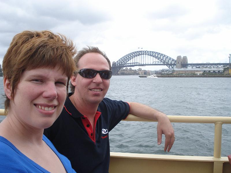 DSC00362.JPG - The last two days in Australia was spent in Sydney.  Here is Barb and I on the ferry near Harbour Bridge.